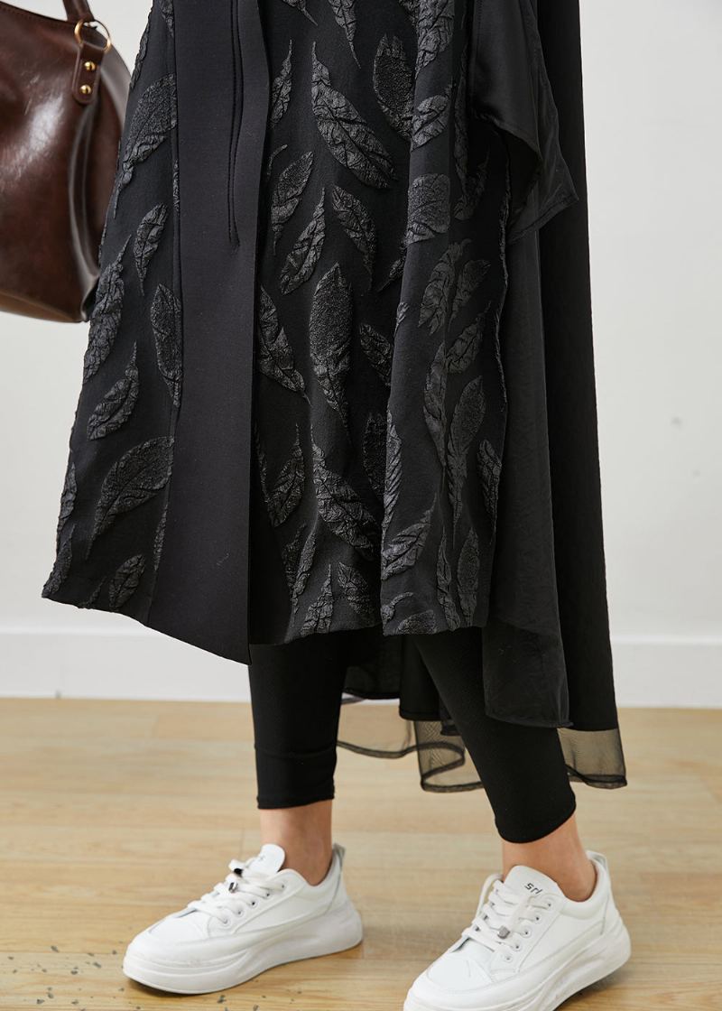 Femmes Noir Surdimensionné Patchwork Jacquard Coton Trench Manteaux Printemps - Trenchs femmes