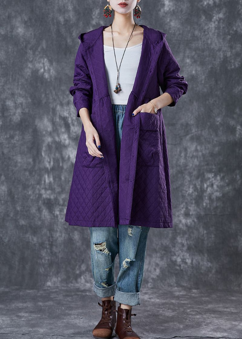 Femmes Violet Poches À Capuche Coton Tench Manteaux Automne - Trenchs femmes