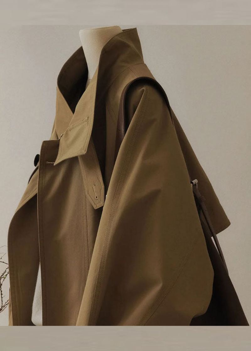 Français Kaki Col Claudine Fermeture Éclair Patchwork Trench Manteaux À Manches Longues - Trenchs femmes