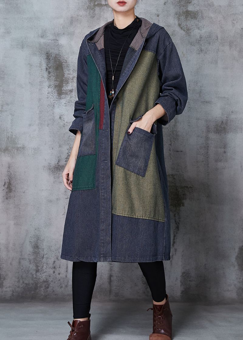 Grande Taille Bleu Marine Surdimensionné Patchwork Denim Trench Manteaux Printemps - Trenchs femmes