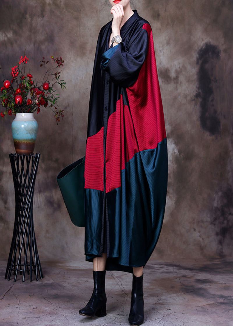 Grande Taille Noir Rouge Vert Patchwork Bas Haute Conception Col En V Bouton Trench Manteau À Manches Longues - Trenchs femmes