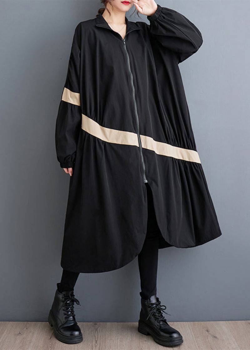 Lâche Armée Vert Fermeture Éclair Poches Froissées Patchwork Trench Automne - Trenchs femmes