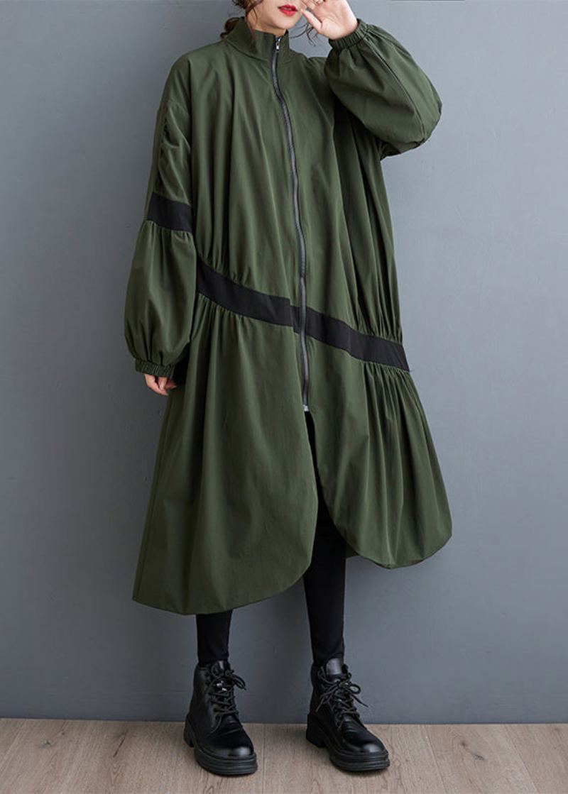 Lâche Armée Vert Fermeture Éclair Poches Froissées Patchwork Trench Automne - Trenchs femmes