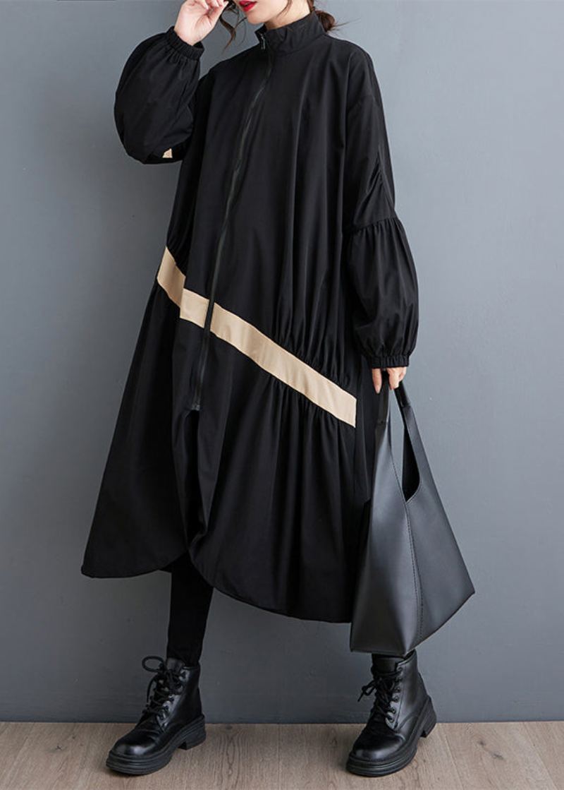 Lâche Armée Vert Fermeture Éclair Poches Froissées Patchwork Trench Automne - Trenchs femmes