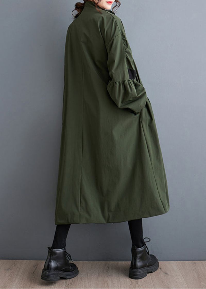 Lâche Armée Vert Fermeture Éclair Poches Froissées Patchwork Trench Automne - Trenchs femmes