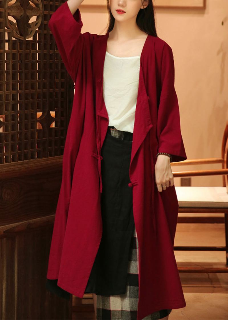 Lâche Vin Rouge Bouton À Lacets Patchwork Coton Manteaux Automne - Trenchs femmes