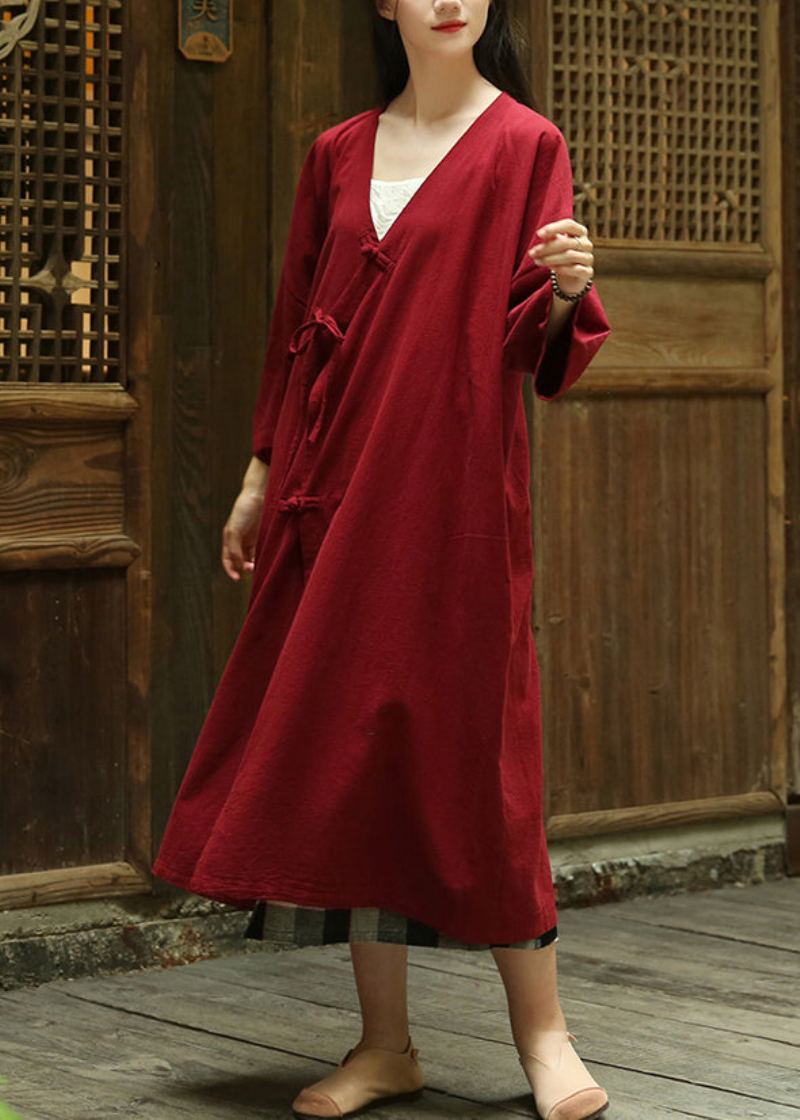 Lâche Vin Rouge Bouton À Lacets Patchwork Coton Manteaux Automne - Trenchs femmes
