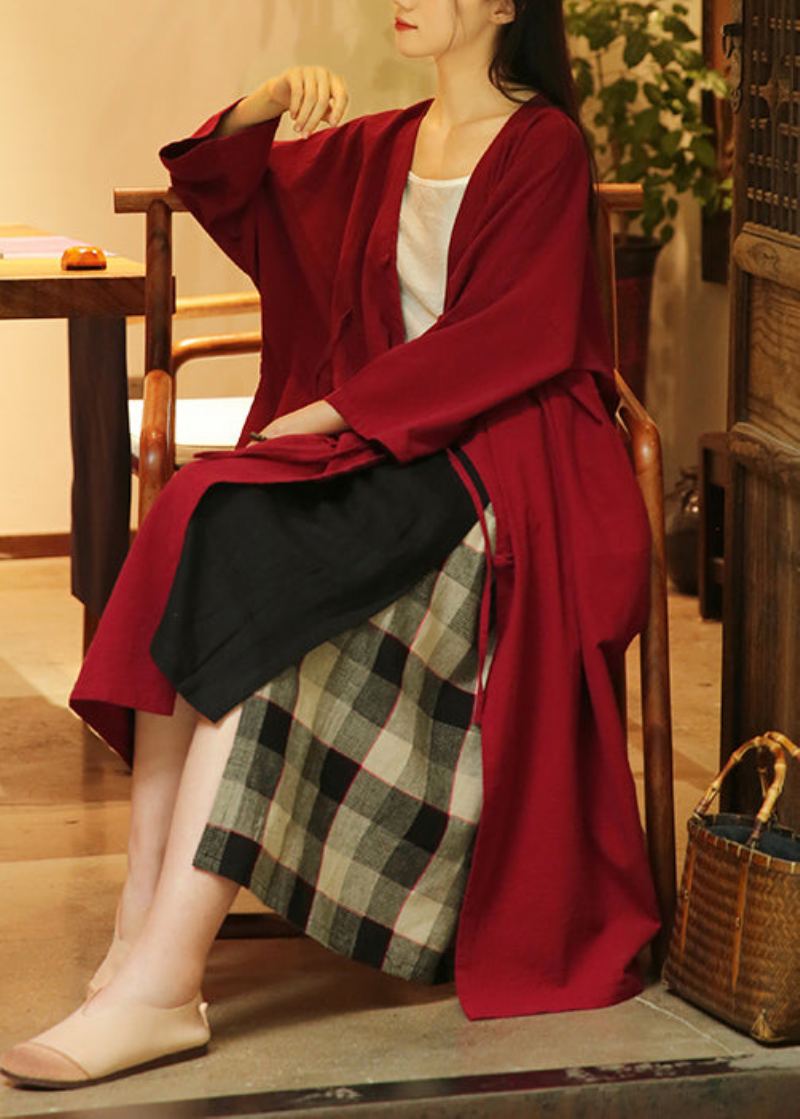 Lâche Vin Rouge Bouton À Lacets Patchwork Coton Manteaux Automne - Trenchs femmes
