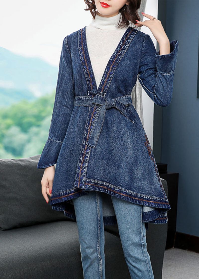 Manches Longues Bleu Élégant Col En V Brodé Cravate Taille Coton Denim Trench Manteaux - Trenchs femmes