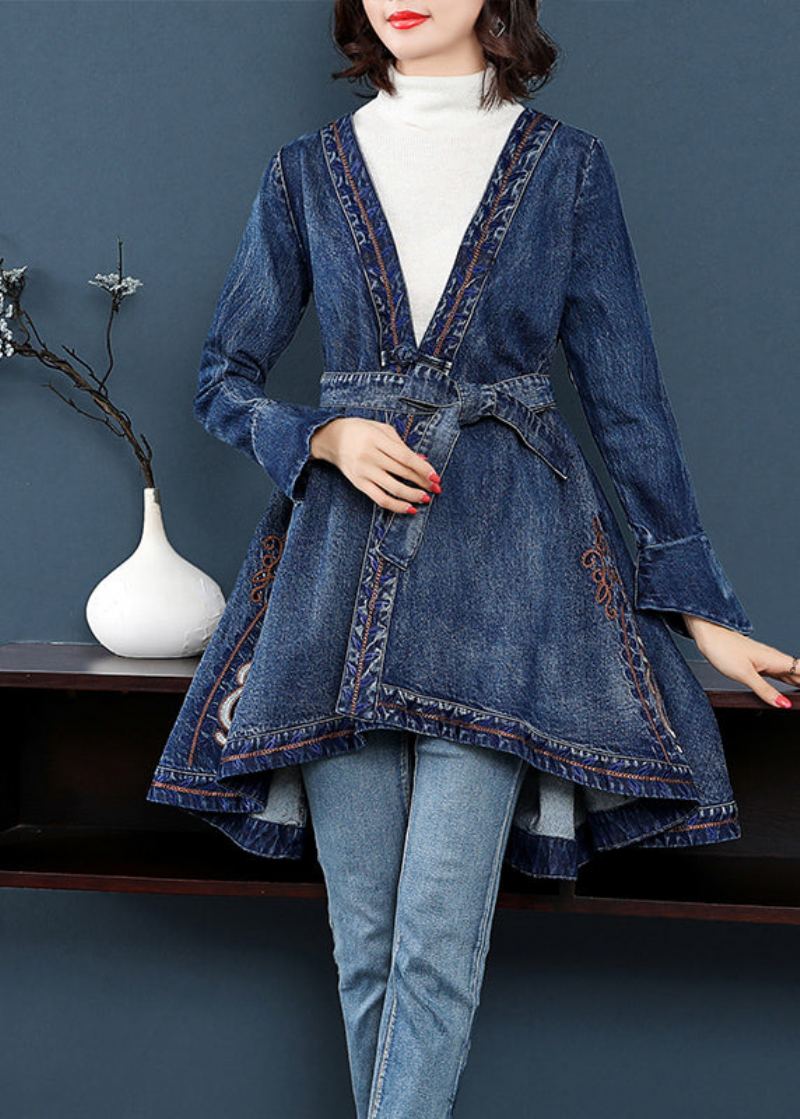Manches Longues Bleu Élégant Col En V Brodé Cravate Taille Coton Denim Trench Manteaux - Trenchs femmes