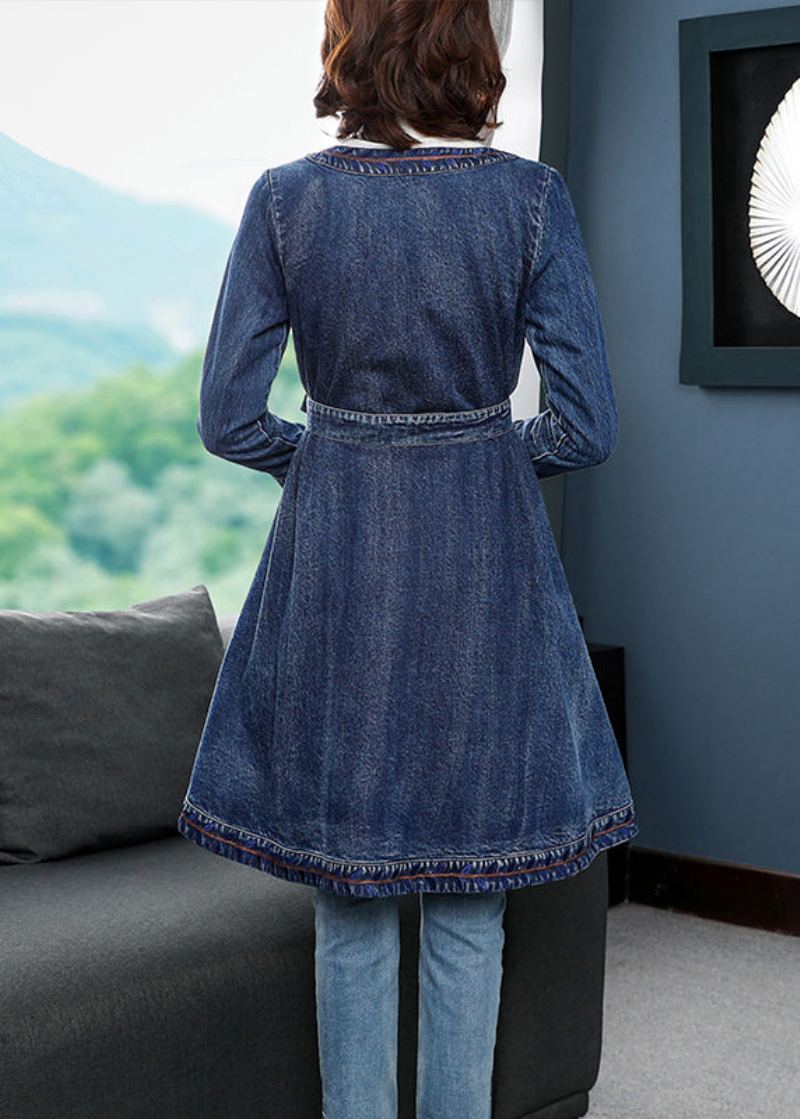 Manches Longues Bleu Élégant Col En V Brodé Cravate Taille Coton Denim Trench Manteaux - Trenchs femmes