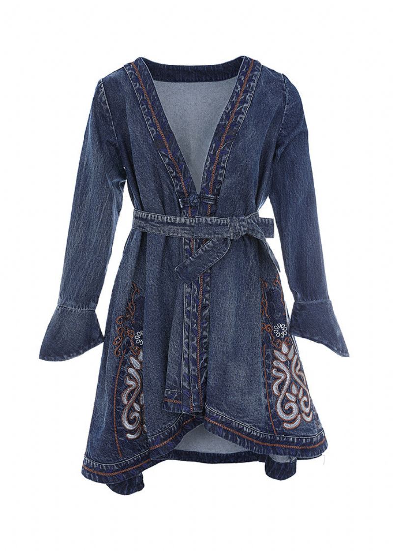 Manches Longues Bleu Élégant Col En V Brodé Cravate Taille Coton Denim Trench Manteaux - Trenchs femmes