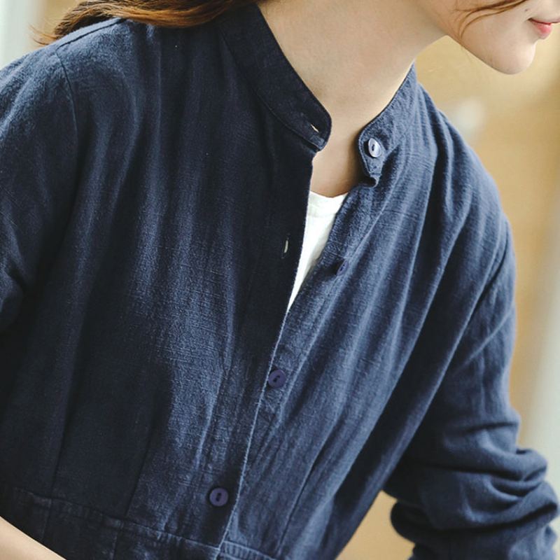 Manteau Bleu Vintage Oversize Col Montant Long Manches Longues Grand Ourlet - Trenchs femmes