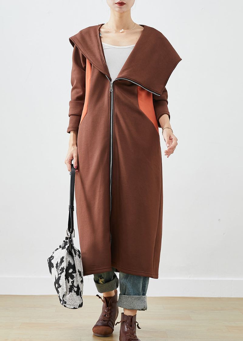 Manteau En Coton Patchwork Asymétrique À Capuche Chic Chocolat Automne - Trenchs femmes