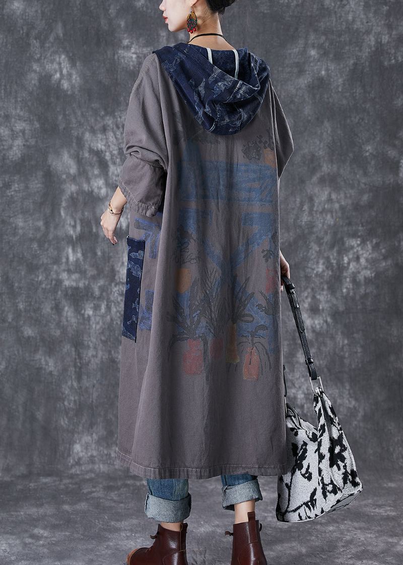 Manteau En Coton Patchwork À Capuche Gris Élégant Vêtements D'extérieur Automne - Trenchs femmes