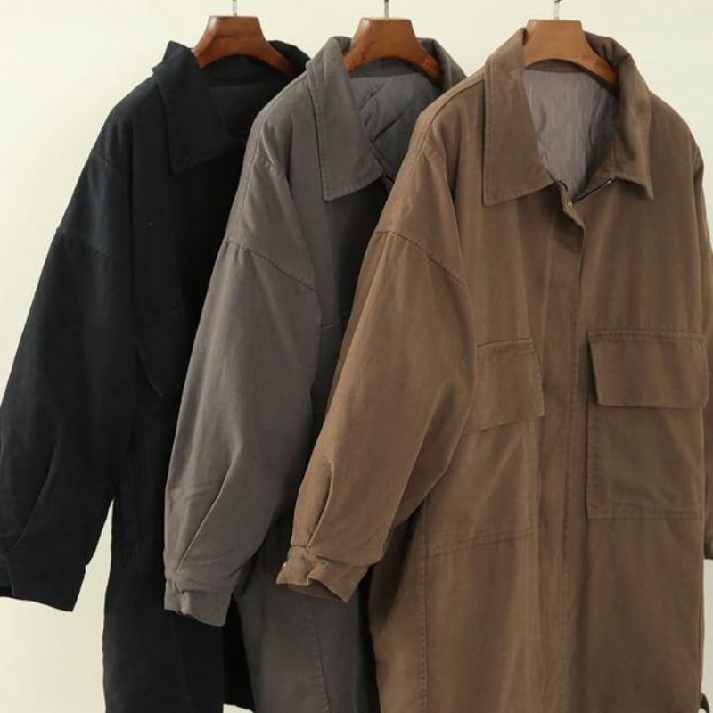 Manteau D'hiver Chaud Et Décontracté Pour Femme À Revers Noir Avec Fermeture Éclair - Gris Vert