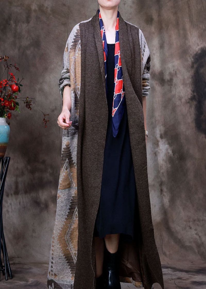 Manteau En Laine D'automne Imprimé Chocolat Biologique Col En V Design Asymétrique Patchwork Manches Longues - Trenchs femmes