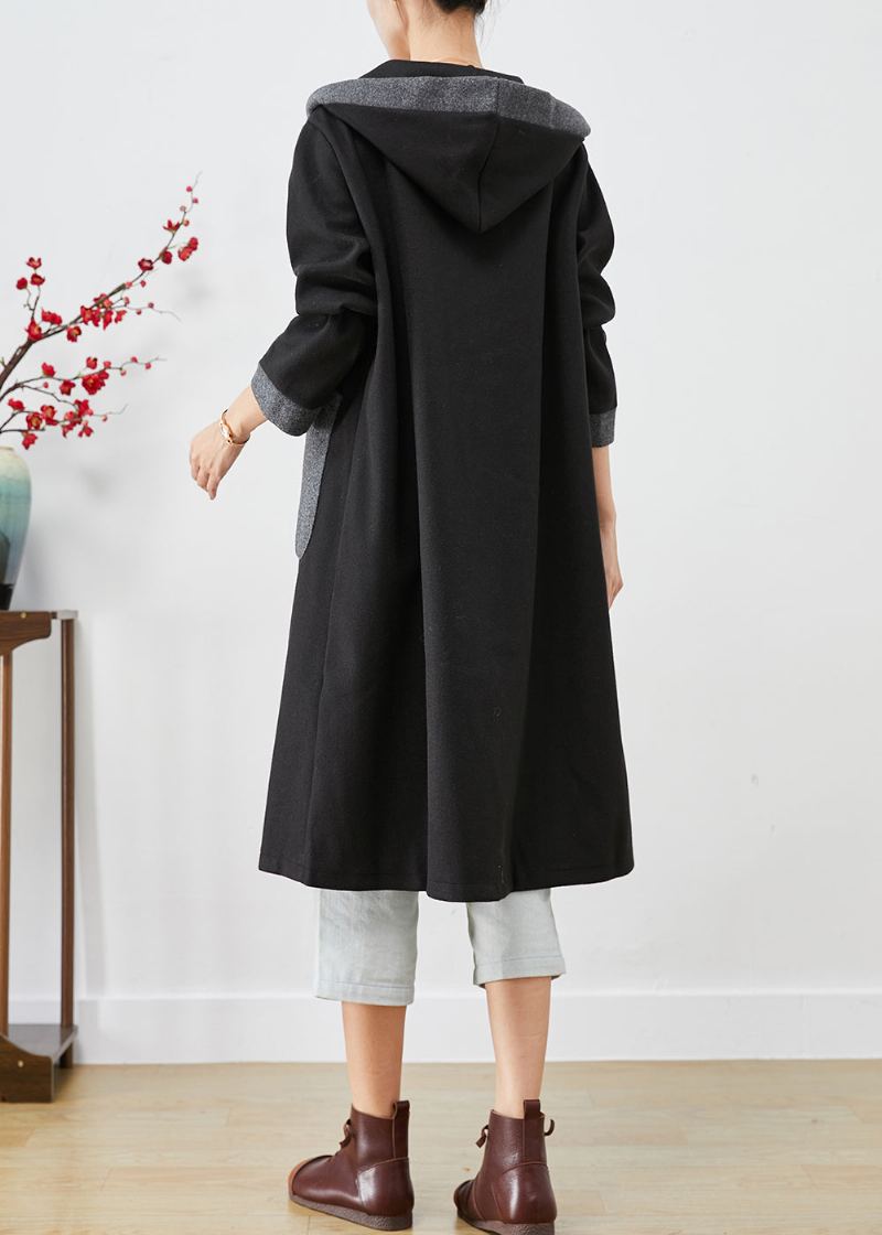 Manteau En Laine Français Noir À Capuche Poches Patchwork Vêtements D'extérieur Automne - Trenchs femmes