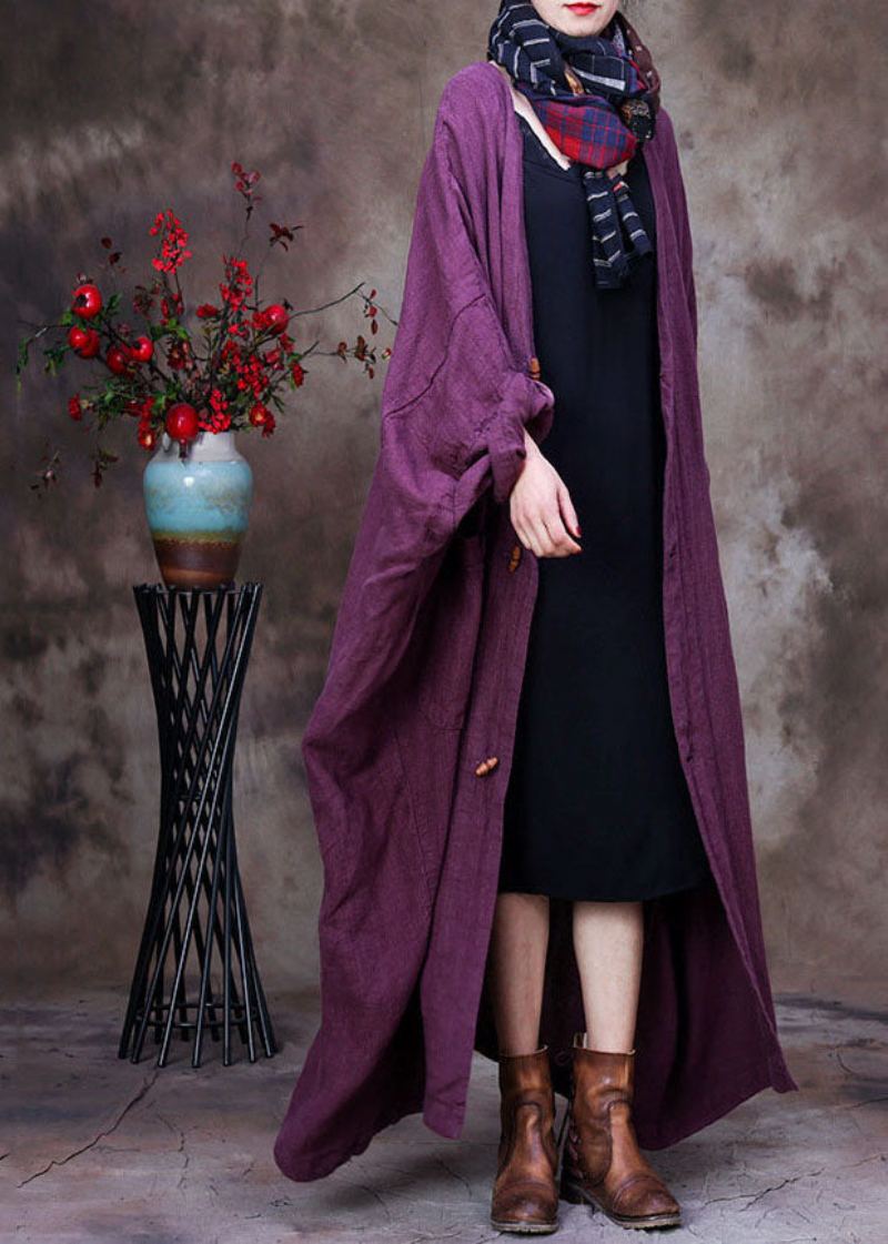 Manteau En Lin Fleuri Violet De Grande Taille À Col En V Vêtements D'extérieur À Manches Longues - Violet
