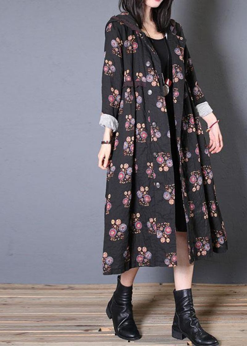 Manteau Long Décontracté Et Fin Pardessus Cintré À Capuche Imprimé Noir Automne - Noir