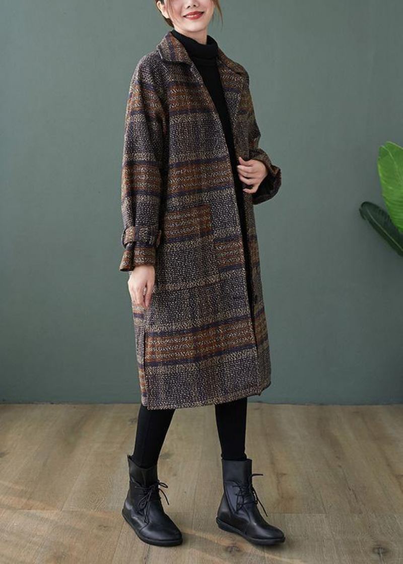 Manteau Long Élégant À Carreaux Fins Manteaux Ouverts Sur Le Côté Avec Revers En Forme - Trenchs femmes