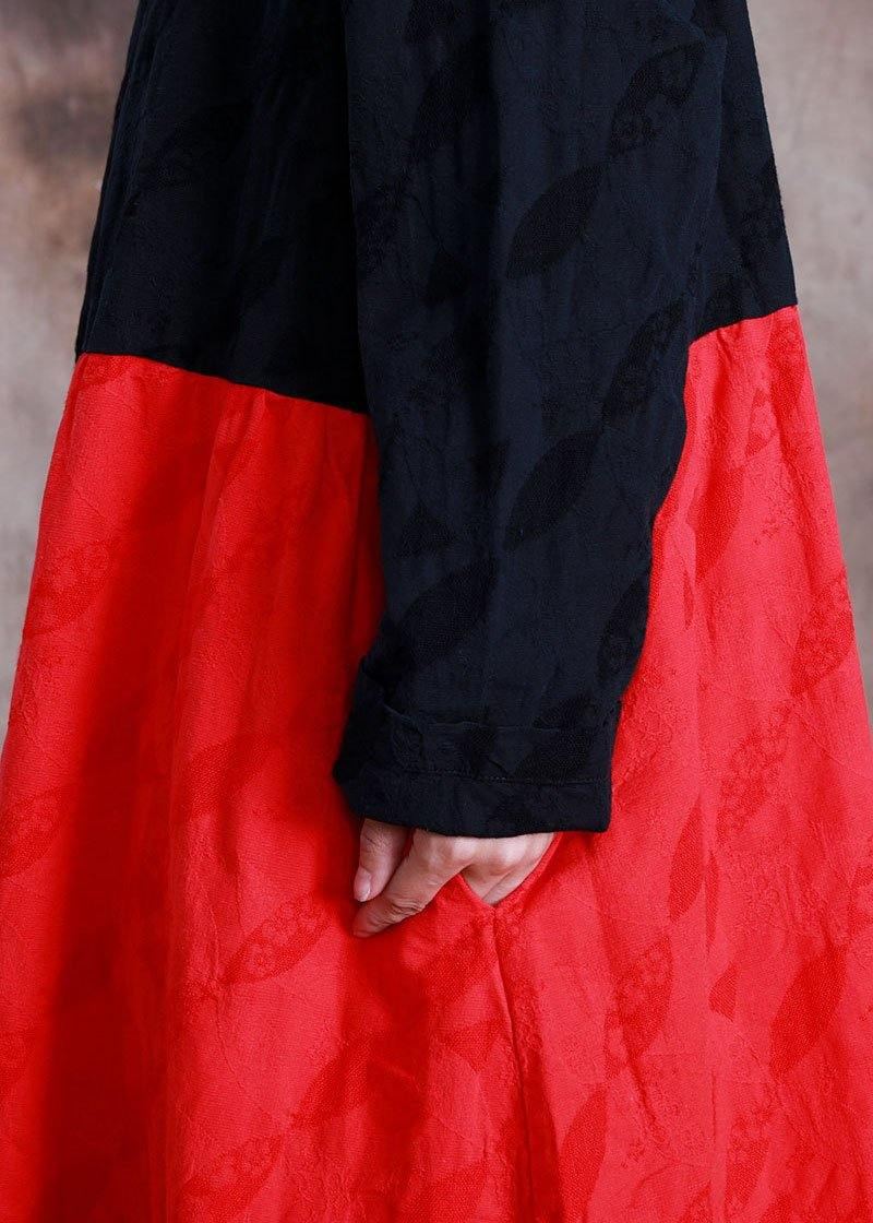 Manteau Long Surdimensionné Élégant Automne Noir Patchwork Rouge Poches Jacquard Pardessus - Trenchs femmes
