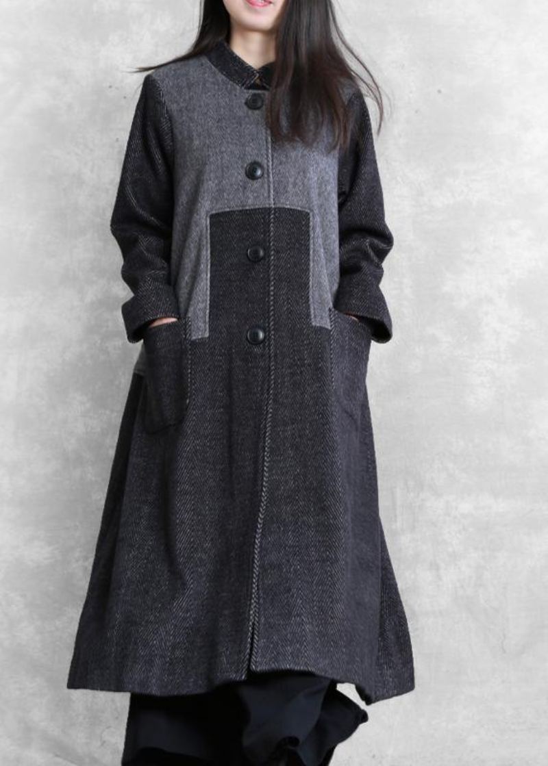 Manteau Long Vintage Grande Taille Vêtements D'extérieur Gris Foncé Col Montant Patchwork Pardessus En Laine - Trenchs femmes