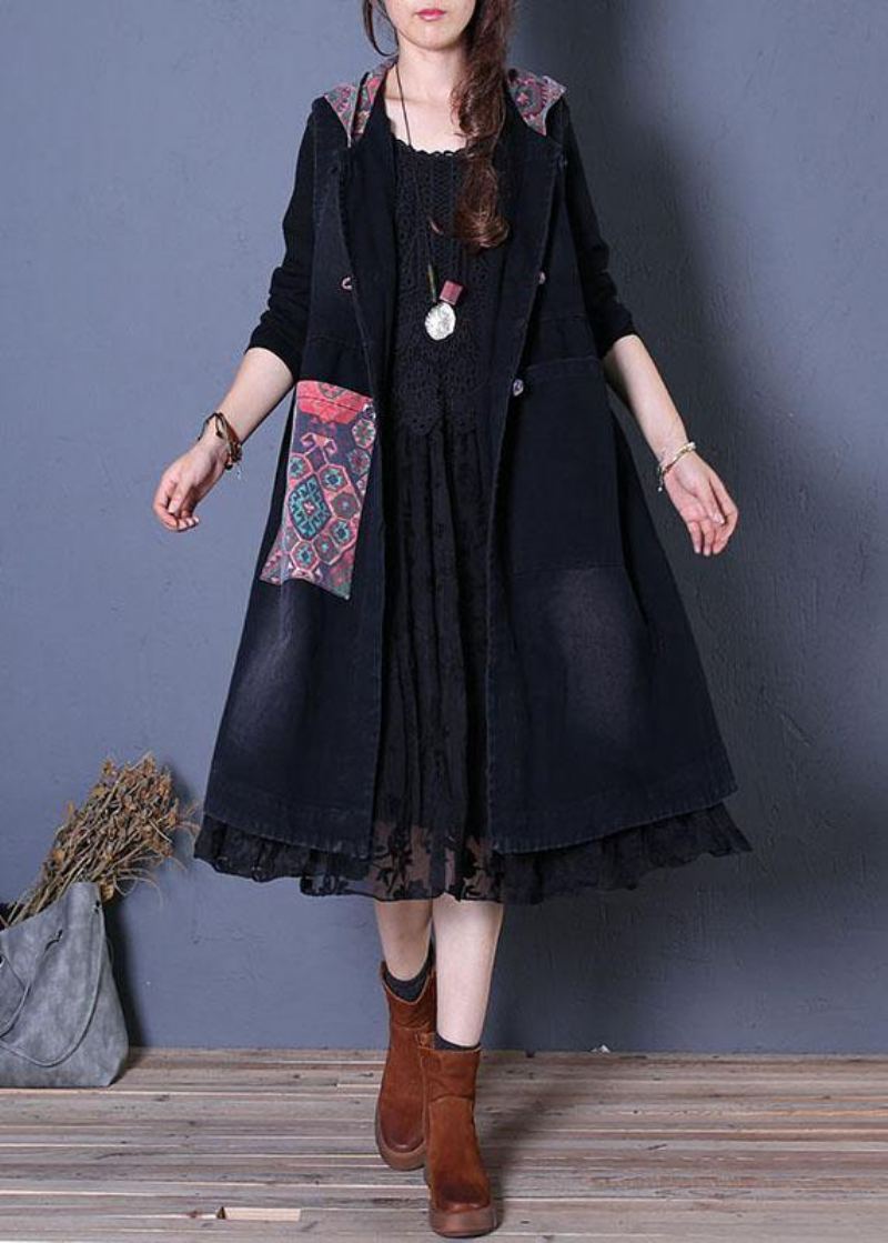 Manteau Maxi Oversize Fin Automne Manteaux À Capuche Patchwork Noir