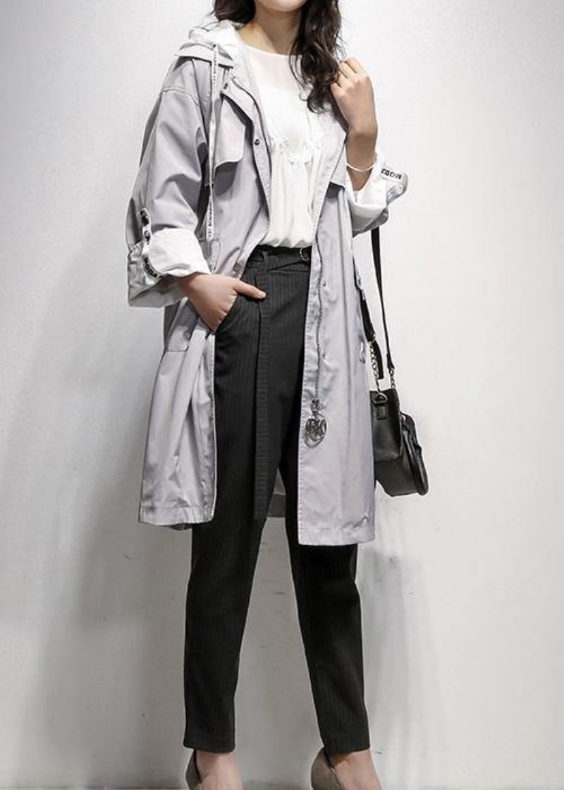 Manteau Tunique Gris À La Mode Tenues De Travail À Capuche Avec Cordon De Serrage - Trenchs femmes