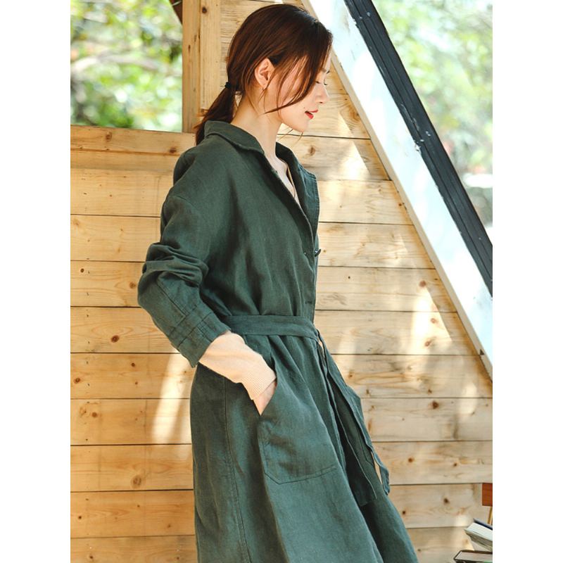Manteau Vert Fin Coupe Ample Poches Crantées Fin À Manches Longues Avec Lien À La Taille - Trenchs femmes