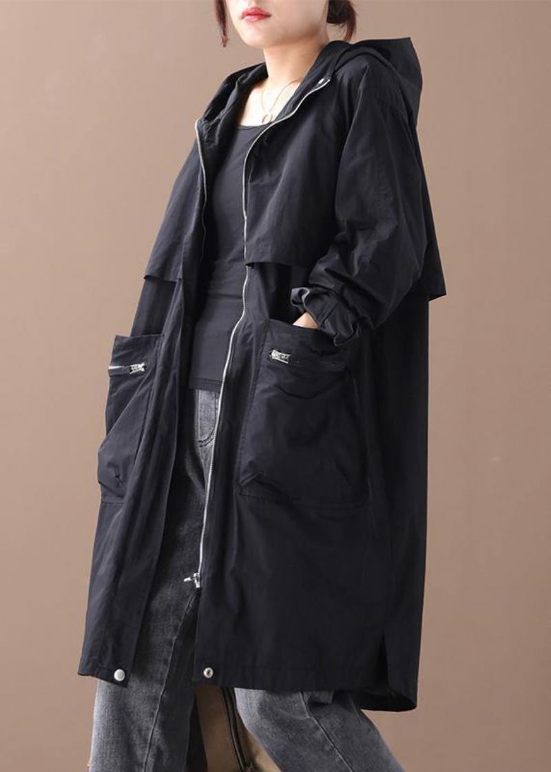Manteaux Élégants À Capuche Et Fermeture Éclair Pour Femmes Grande Taille Noirs