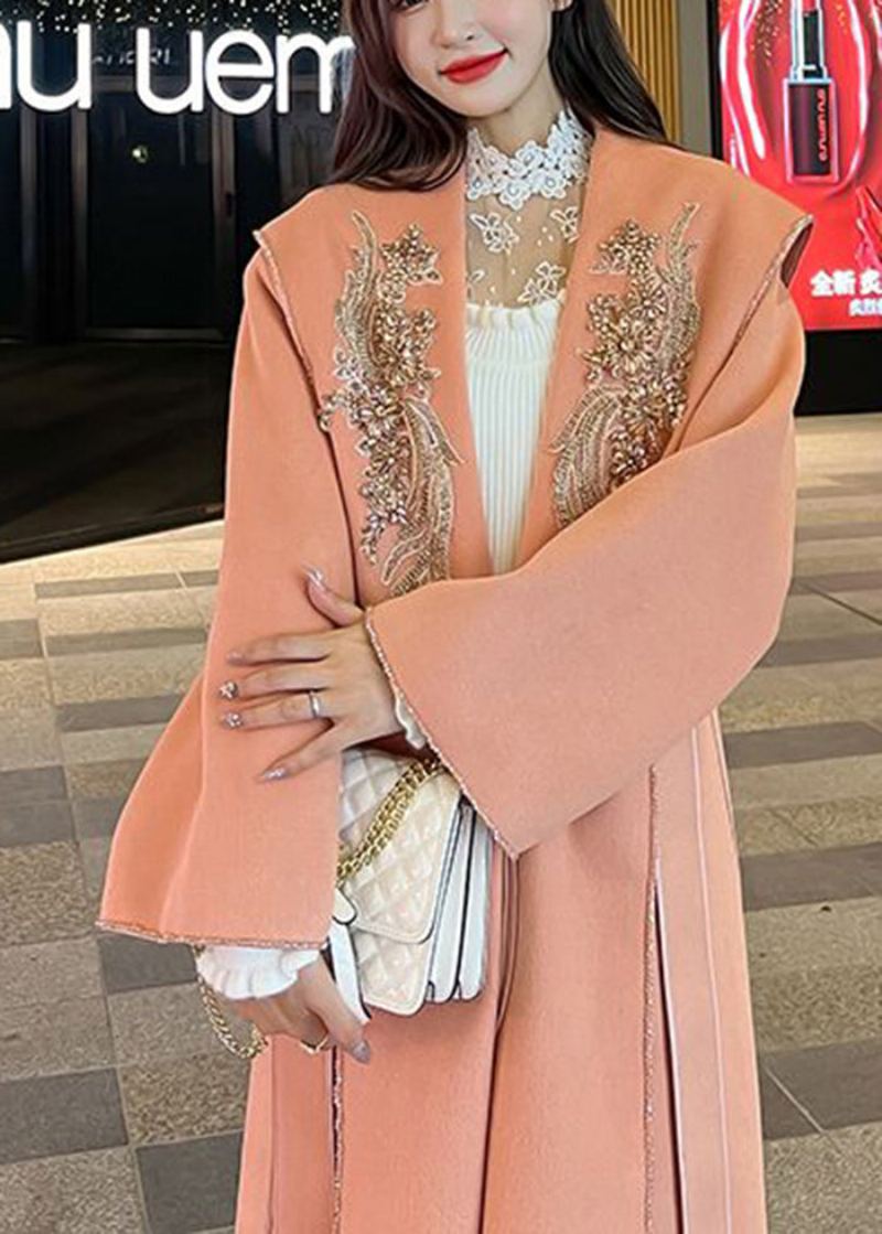 Manteaux En Laine Décontractés Orange Rose Brodés Décorés Cravate À La Taille Automne - Trenchs femmes