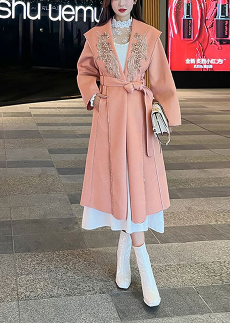 Manteaux En Laine Décontractés Orange Rose Brodés Décorés Cravate À La Taille Automne - Trenchs femmes