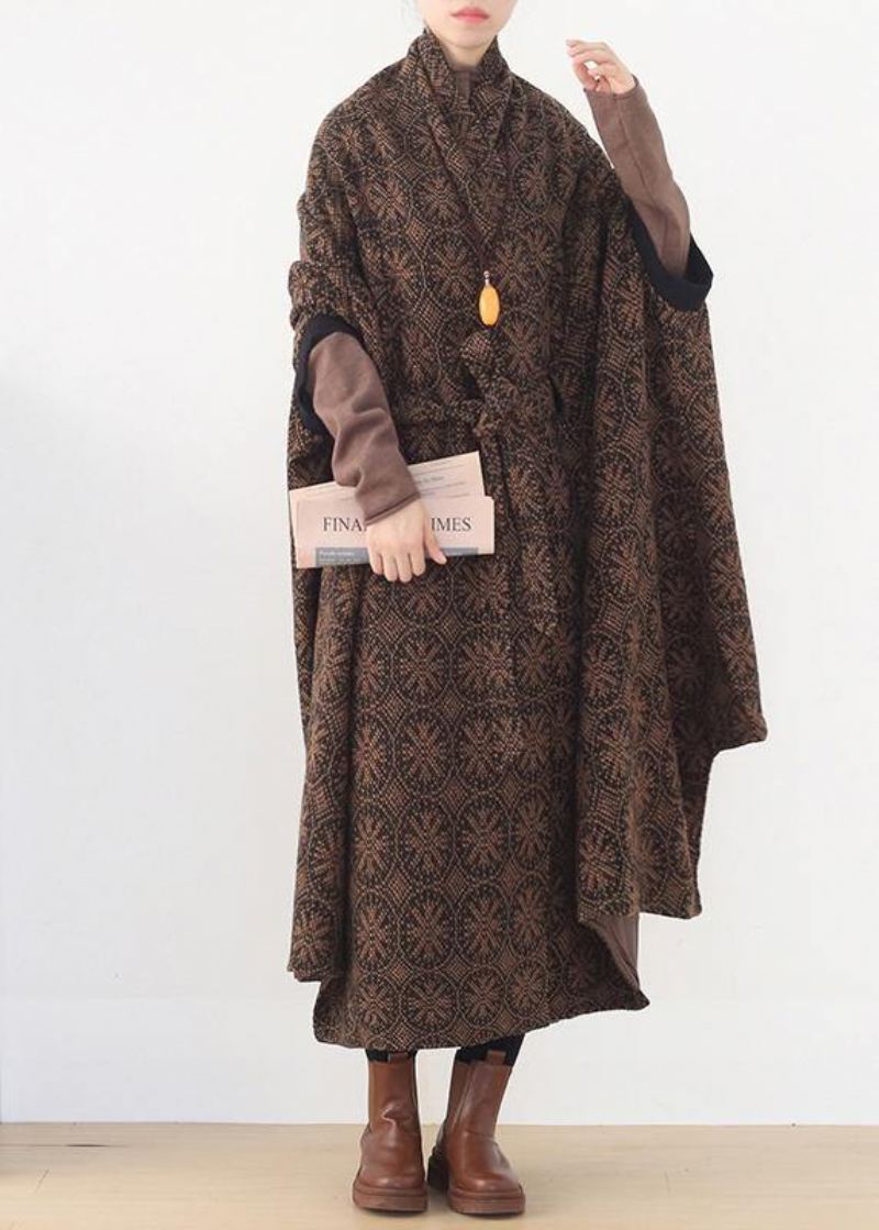 Manteaux Mi-longs Surdimensionnés Élégants Hiver Marron Manches Chauve-souris Col En V Vêtements D'extérieur En Laine - Trenchs femmes