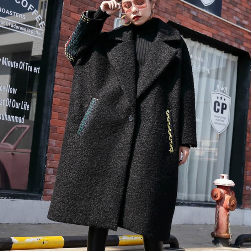 Nouveau Manteau D'hiver Noir Surdimensionné Dos Cranté Ouvert Maxi Femmes Poches Patchwork Longues Vestes