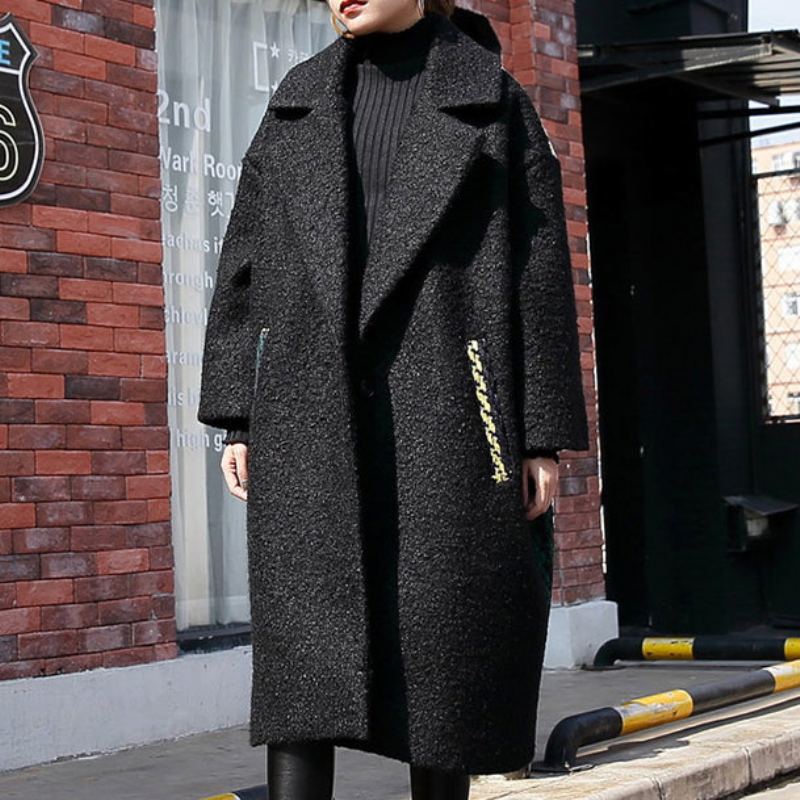 Nouveau Manteau D'hiver Noir Surdimensionné Dos Cranté Ouvert Maxi Femmes Poches Patchwork Longues Vestes - Trenchs femmes