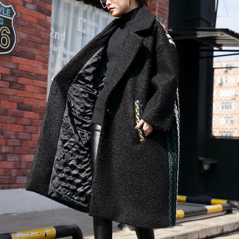 Nouveau Manteau D'hiver Noir Surdimensionné Dos Cranté Ouvert Maxi Femmes Poches Patchwork Longues Vestes - Trenchs femmes