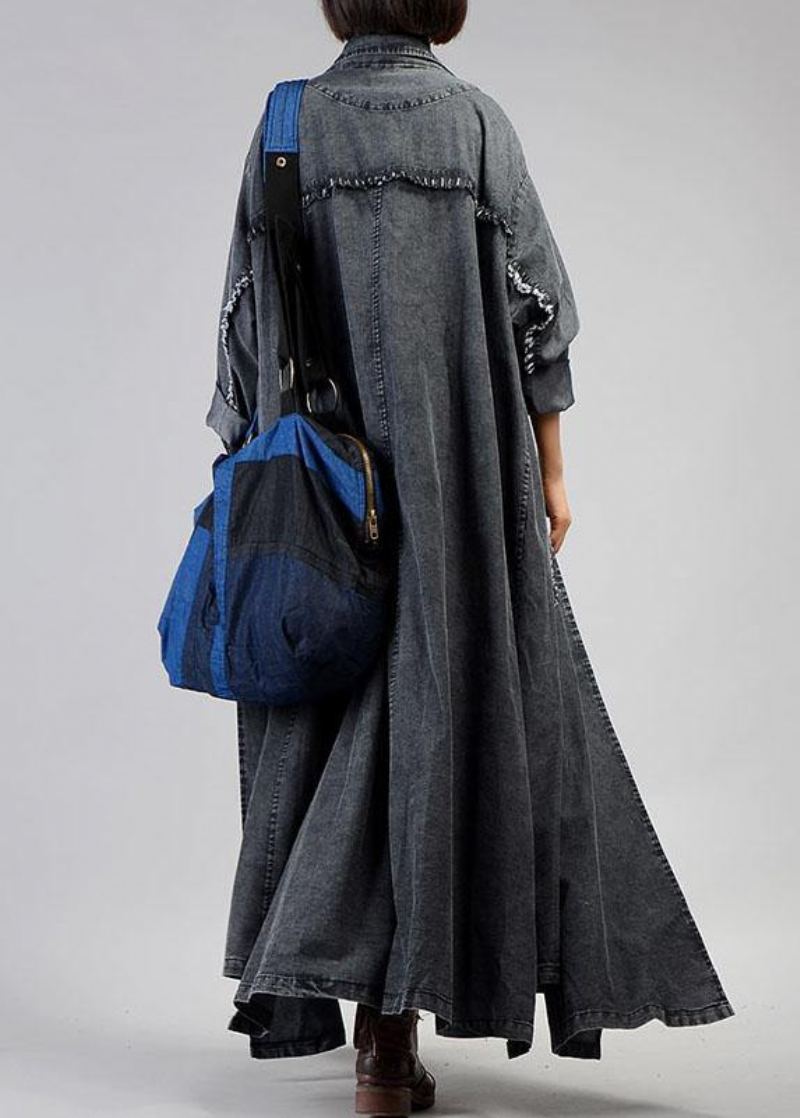 Nouveau Manteau Maxi Grande Taille Automne Denim Noir Cranté Grandes Poches Pour Femme - Jean Noir