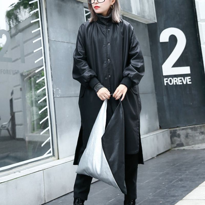 Nouveau Noir Pu Grande Taille Vêtements Col Montant Vacances Hauts Fines Poches Latérales Ouvertes Lin Pu Manteau - Trenchs femmes