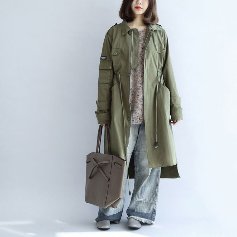 Parka Décontractée En Coton Vert Avec Poches Grande Taille Cravate À La Manches Longues Trench-coat 2024 - Vert