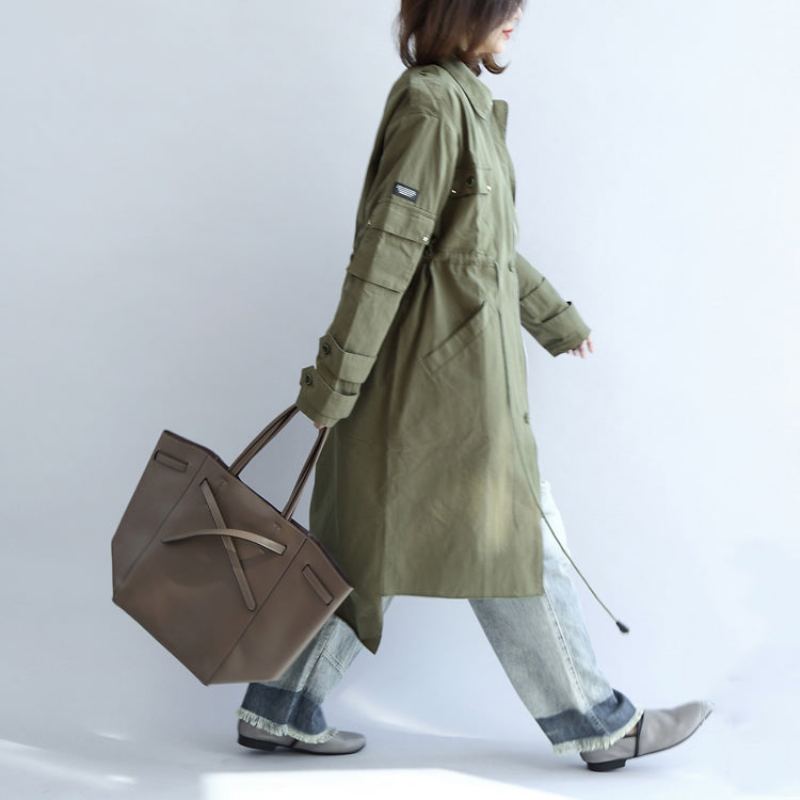 Parka Décontractée En Coton Vert Avec Poches Grande Taille Cravate À La Manches Longues Trench-coat 2024 - Vert