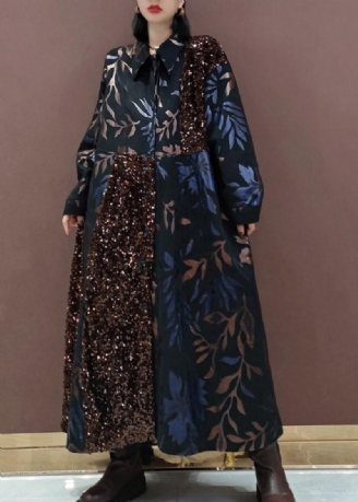 Robe Longue Noire À Paillettes Revers Naturel Patchwork Vêtements De Printemps Idées De Mode