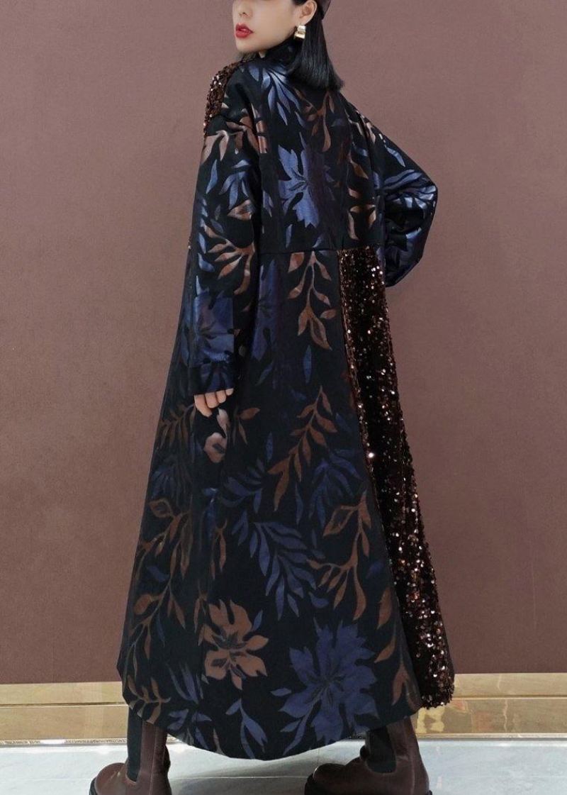 Robe Longue Noire À Paillettes Revers Naturel Patchwork Vêtements De Printemps Idées De Mode - Trenchs femmes