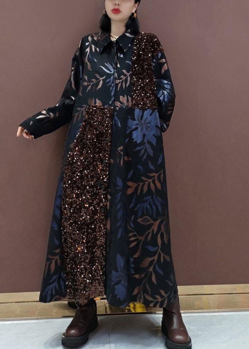 Robe Longue Noire À Paillettes Revers Naturel Patchwork Vêtements De Printemps Idées De Mode - Trenchs femmes