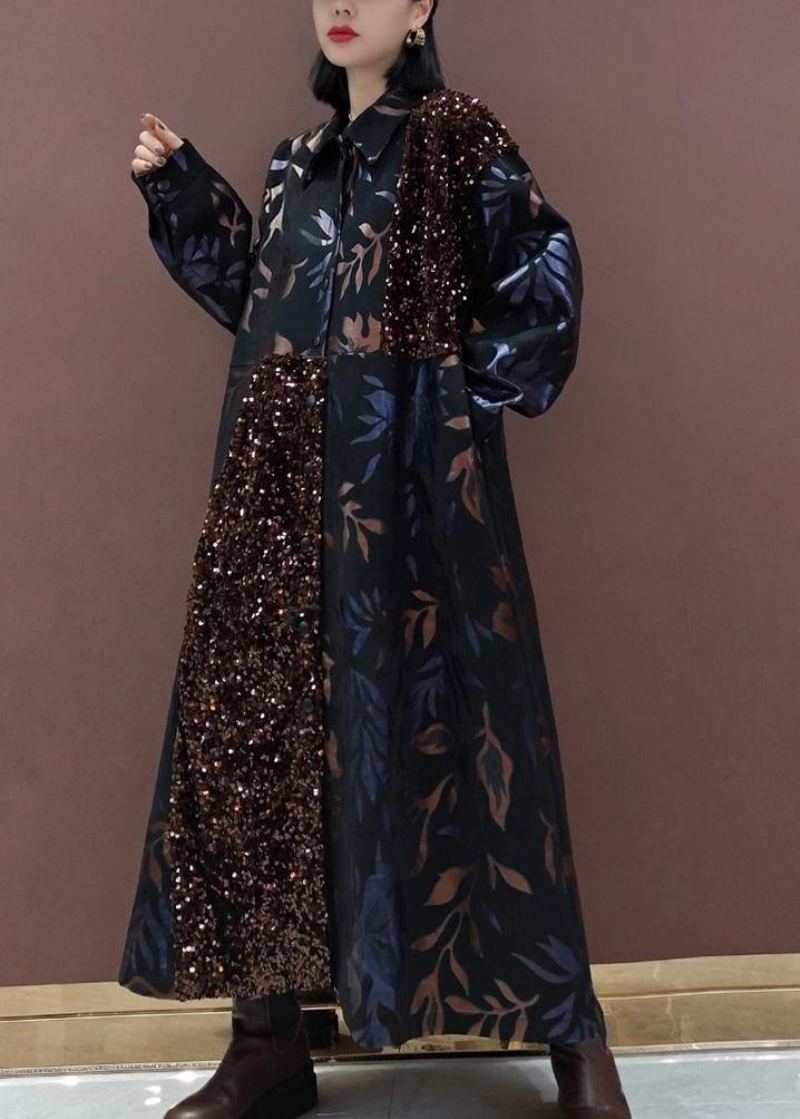 Robe Longue Noire À Paillettes Revers Naturel Patchwork Vêtements De Printemps Idées De Mode - Trenchs femmes