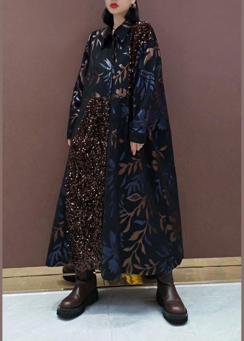 Robe Longue Noire À Paillettes Revers Naturel Patchwork Vêtements De Printemps Idées De Mode - Trenchs femmes