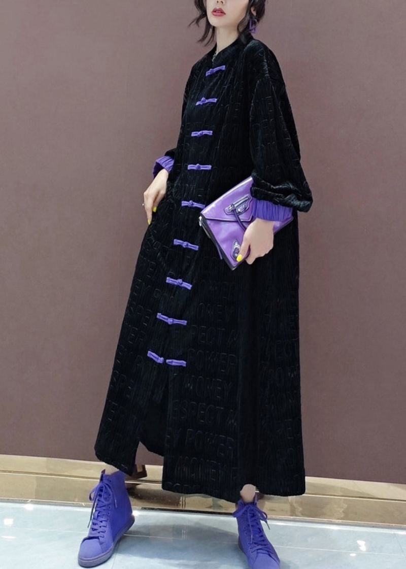 Style Chinois Noir Bouton Patchwork Soie Velours Trench Manteau Printemps - Trenchs femmes