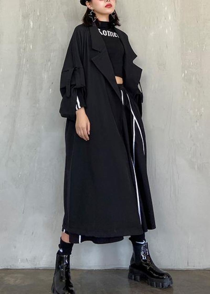 Style Poches Crantées Fine Manteau Long Sblack Manteaux Femme Surdimensionnés - Noir