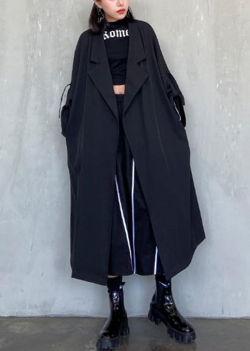 Style Poches Crantées Fine Manteau Long Sblack Manteaux Femme Surdimensionnés - Noir