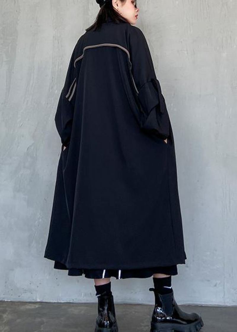 Style Poches Crantées Fine Manteau Long Sblack Manteaux Femme Surdimensionnés - Noir